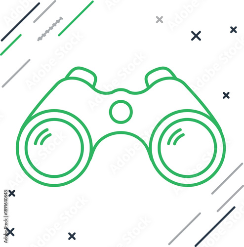 A classic green outline illustration of binoculars for observation and adventure