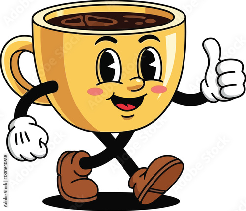 Vector  illustration of Vintage retro rubber hose style cartoon coffee cup character walking and giving a thumbs up isolated on transparent background