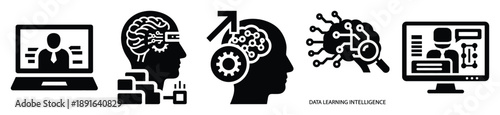 Stylized icon set of a  data learning intelligence on white background. Machine learning silhouette Icons in solid and silhouette versions.