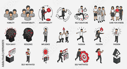 Illustrated teamwork and leadership skills with icons showing humility, accountability, resilience, and passion in professional development