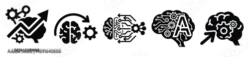 Stylized icon set of a  data learning mechanism on white background. Machine learning silhouette Icons in solid and silhouette versions.