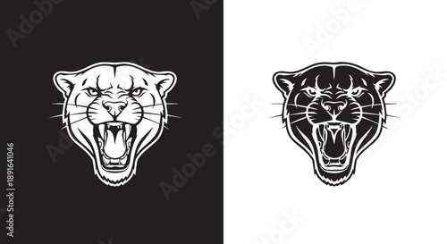 Stylized black and white panther head roaring mascot logo design.