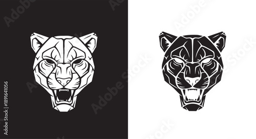 Geometric cheetah head logo design in black and white, featuring a fierce expression with open mouth and sharp lines, in a modern polygonal style.