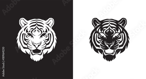 Stylized vector illustration of a fierce tiger head in two contrasting versions, one white on black and one black on white, showcasing intricate details and powerful expression.