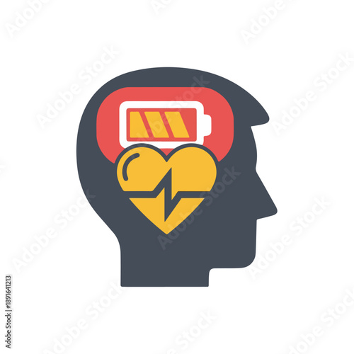 Human head silhouette with a low battery and heart symbol representing low energy, burnout, or mental health issues