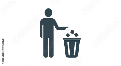 Minimalist vector illustration of a person discarding crumpled paper into a waste bin for recycling or decluttering concepts