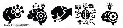 Stylized icon set of a  intelligent learning system on white background. Machine learning silhouette Icons in solid and silhouette versions.