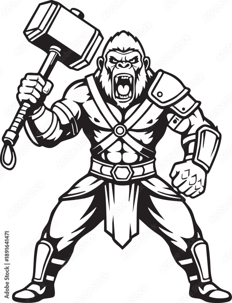 Fototapeta premium Aggressive muscular gorilla warrior mascot in armor holding a large hammer, roaring fiercely, in a black and white illustration style.