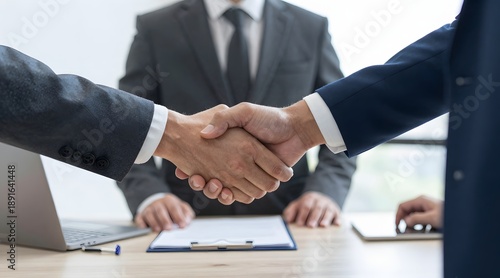 Business people shaking hands showing trust and cooperation during negotiations at office