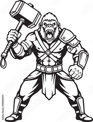 Aggressive muscular gorilla warrior mascot in armor holding a large hammer, roaring fiercely, in a black and white illustration style.