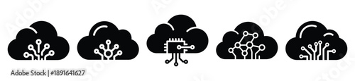 Stylized icon set of a  machine learning cloud on white background. Machine learning silhouette Icons in solid and silhouette versions.