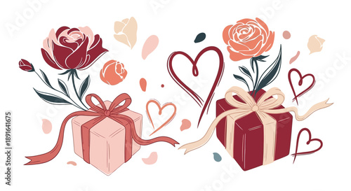 Two beautifully wrapped gift boxes adorned with roses, ribbons, and hearts, symbolizing love, romance, and celebration.