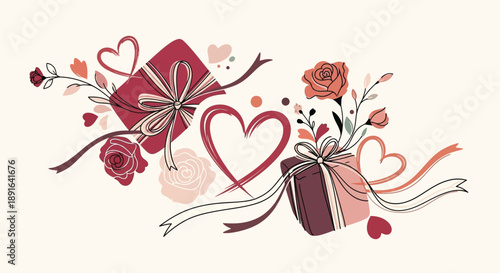 Elegant illustration of gift boxes, hearts, and roses with flowing ribbons, symbolizing love and celebration.