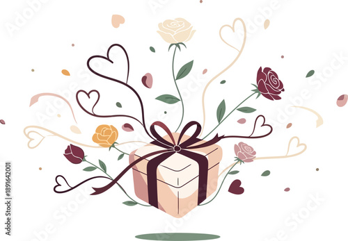A beautifully illustrated gift box adorned with a bow, surrounded by elegant roses and whimsical heart-shaped vines, with scattered petals, conveying love and celebration.