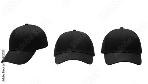 Three black baseball caps isolated on transparent background