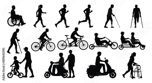 Diverse group of people in motion showcasing different mobility aids and transportation methods for accessibility and active lifestyles