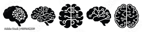 Stylized icon set of a  machine learning system on white background. Machine learning silhouette Icons in solid and silhouette versions.