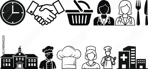 Professional careers and daily life icons set flat vector illustration time work food health