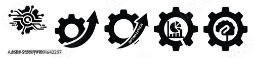 Stylized icon set of a  model optimization gear on white background. Machine learning silhouette Icons in solid and silhouette versions.