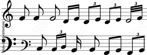 Short musical score with treble and bass clefs showing rhythmic patterns of eighth notes, triplets, and quarter notes for music theory illustration.
