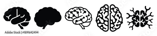 Stylized icon set of a  neural artificial brain on white background. Machine learning silhouette Icons in solid and silhouette versions.