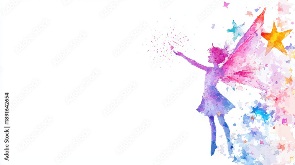 Obraz premium Whimsical fairy with colorful wings spreads magic and joy, surrounded by vibrant stars and sparkles, creating dreamy atmosphere