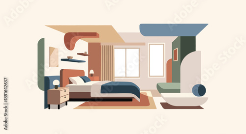 Modern minimalist bedroom interior design with abstract architectural elements and warm color palette illustration.
