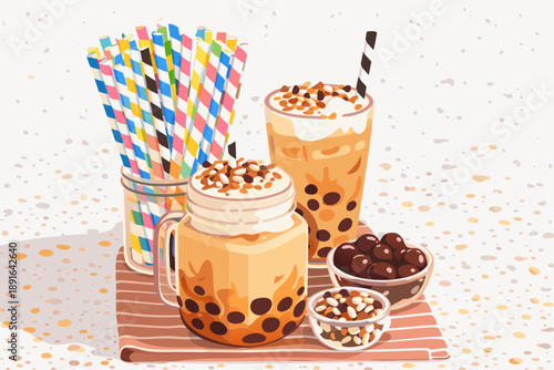A collection of various bubble tea drinks with colorful straws and a side of boba pearls.