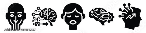 Stylized icon set of a  neural data automation on white background. Machine learning silhouette Icons in solid and silhouette versions.