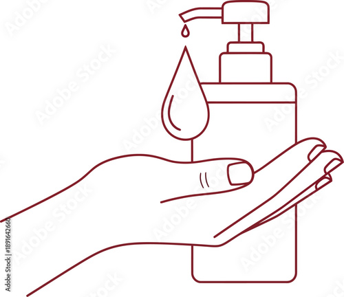 Hand receiving a drop of sanitizer or soap from a pump bottle in a minimalist line art illustration