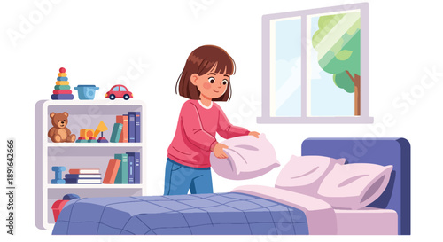 Independent little girl making her bed in a bright bedroom, modern flat vector showing good habits, responsibility, and positive daily routine at home