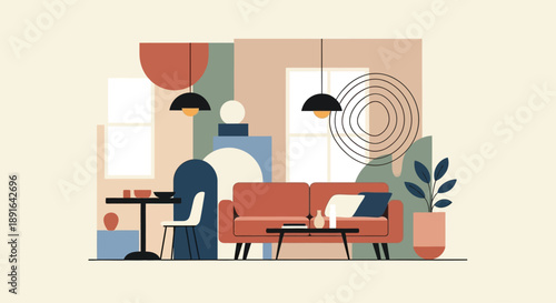 A modern minimalist living room interior with a red sofa, dining area, and abstract decor in a flat illustration style.