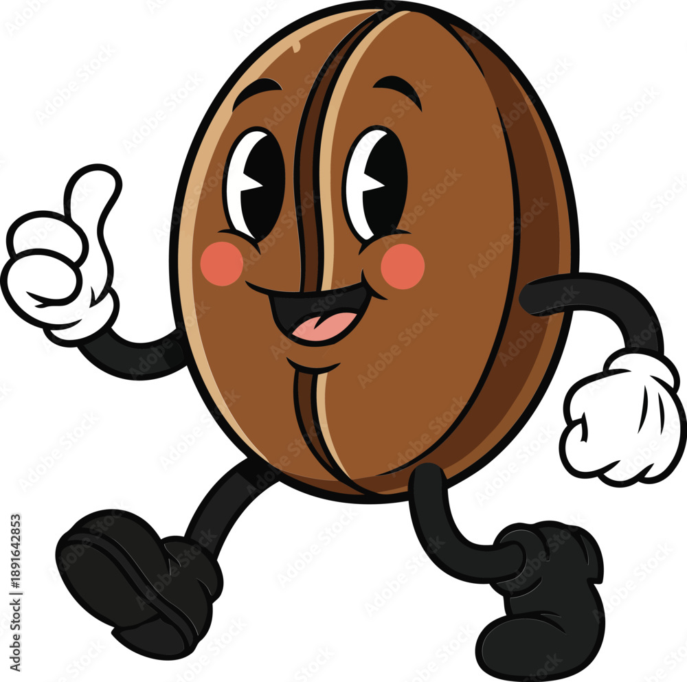 Obraz premium Vector illustration of Vintage rubber hose style cartoon coffee bean character giving thumbs up isolated on transparent background