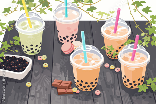 A variety of colorful bubble tea drinks including matcha and fruit flavors on a dark wooden table.