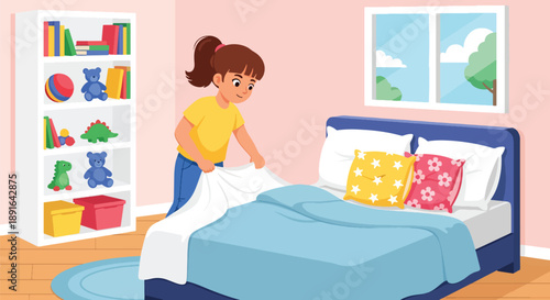 Independent little girl making her bed in a bright bedroom, modern flat vector showing good habits, responsibility, and positive daily routine at home