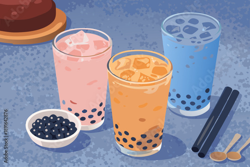Three different flavors of bubble tea including strawberry and blue tea on a dark rustic table.