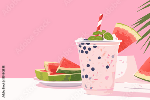 Refreshing pink strawberry bubble tea with fresh watermelon and fruit slices in a bright setting.