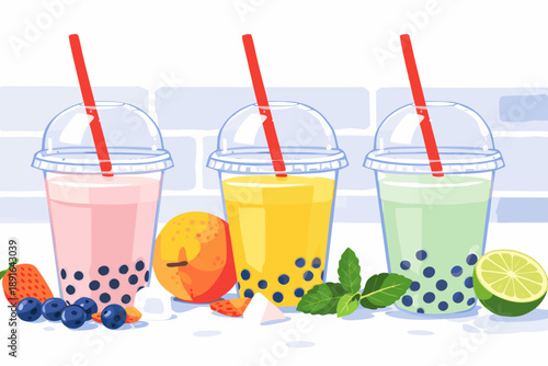 A vibrant row of four different bubble tea flavors including strawberry, matcha, and citrus.