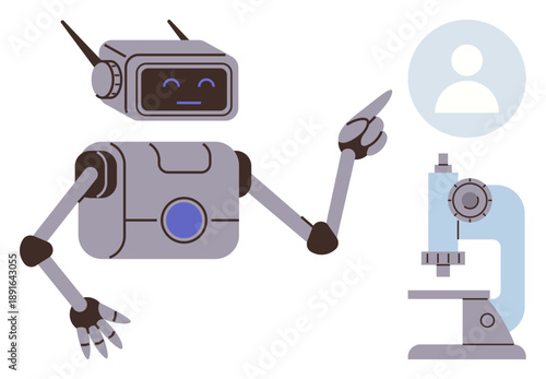Artificial intelligence, technology education, laboratory research, scientific discovery, data analysis, medical innovation. A robot gestures toward a microscope and user icon. Artificial