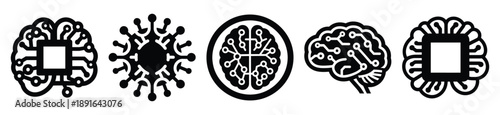 Stylized icon set of a  neural intelligence core on white background. Machine learning silhouette Icons in solid and silhouette versions.