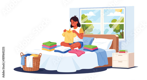 Independent little girl folding clean clothes on her bed, modern flat vector illustrating good habits, self-reliance, and tidy daily home routine