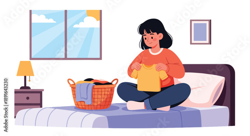 Independent little girl folding clean clothes on her bed, modern flat vector illustrating good habits, self-reliance, and tidy daily home routine