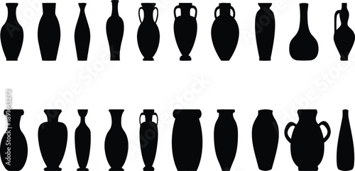 Set of black classic vases and amphorae isolated on white background minimalist design