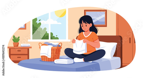 Independent little girl folding clean clothes on her bed, modern flat vector illustrating good habits, self-reliance, and tidy daily home routine