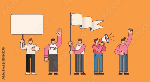 Group of diverse protesters demonstrating with signs, flags, and a megaphone during a public rally or social movement event