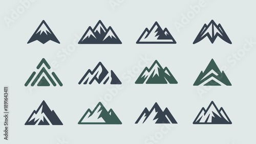 A collection of nine minimalist mountain icons in varying shapes and styles rendered in dark teal and forest green high quality professional detailed modern elegant stylish