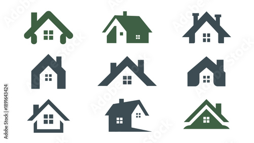 A collection of six dark teal and green house icons showcasing various roof styles and architectural designs in a minimalistic style high quality professional detailed modern