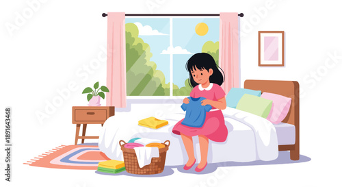 Independent little girl folding clean clothes on her bed, modern flat vector illustrating good habits, self-reliance, and tidy daily home routine