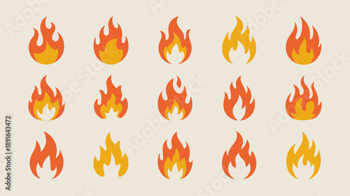 A collection of vibrant stylized flame illustrations are displayed against a pale beige background showing various shapes and sizes high quality professional detailed modern elegant stylish