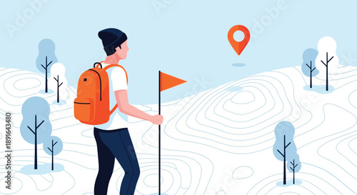 Illustrated hiker with trekking poles and orange backpack exploring a detailed topographic map featuring elevation contours and trees